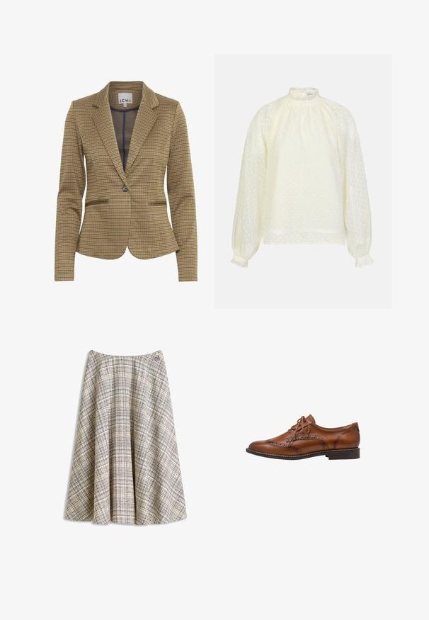 Gekruist blazer in bruin en marineblauw tinten, met een getailleerde pasvorm, notch revers, twee voorzakken en een enkele knoopsluiting.; Lichtgele blouse met een hoge hals, pofmouwen en ruches bij de manchetten. De gestructureerde stof heeft overal kleine witte stippen.; Beige A-lijn rok met een getextureerd ruitjespatroon in zwart, bruin en lichtblauwe lijnen, met een klein geborduurd logo nabij de tailleband.; Bruine leren brogue oxford schoen met wingtip-details, perforaties, veters en lage gestapelde hak op een witte achtergrond.