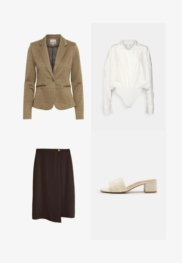Rutet blazer i brun og marineblå nuancer, med en skræddersyet pasform, klippede lapeller, to forlommer og en enkelt knaplukning.; Norma Kamali SUPER OVERSIZED BOYFRIEND SHIRT BODYSUIT - Bluse - snow white; Mørkebrun knælængde nederdel med en let forreste overlæg, som er fastgjort med en lille guldknap i taljen.; ALDO CLAUDINA - Slip-on sandaler - white/bone