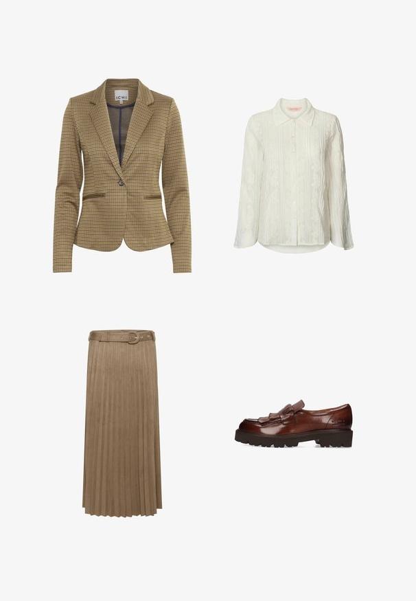 Gekruist blazer in bruin en marineblauw tinten, met een getailleerde pasvorm, notch revers, twee voorzakken en een enkele knoopsluiting.; Witte blouse met lange mouwen en knoopsluiting, van een gestructureerde stof met verticale strepen en bloemenborduursels aan de voorkant.; Beige geplooide midi-rok gemaakt van zacht, suède-achtig materiaal, met een tailleband en verticale plooien voor textuur en beweging.; Bruine leren loafers met een franjesdetail en een stevige, textuurvolle zool. Heeft een gladde afwerking en reliëfbranding aan de zijkant.