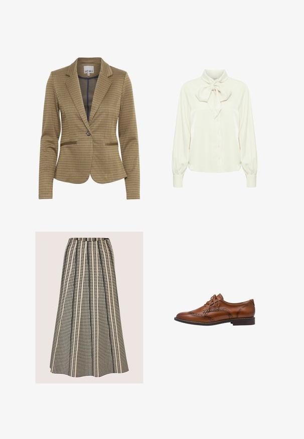 Gekruist blazer in bruin en marineblauw tinten, met een getailleerde pasvorm, notch revers, twee voorzakken en een enkele knoopsluiting.; Ivory blouse met een gestrikte strik kraag, lange puff sleeves en een knoopsluiting aan de voorkant. Zacht, glad materiaal met een lichte glans.; A-lijn midirok met hoge taille en zwart-beige verticale gestreepte geometrische print en plooien.; Bruine leren brogue oxford schoen met wingtip-details, perforaties, veters en lage gestapelde hak op een witte achtergrond.
