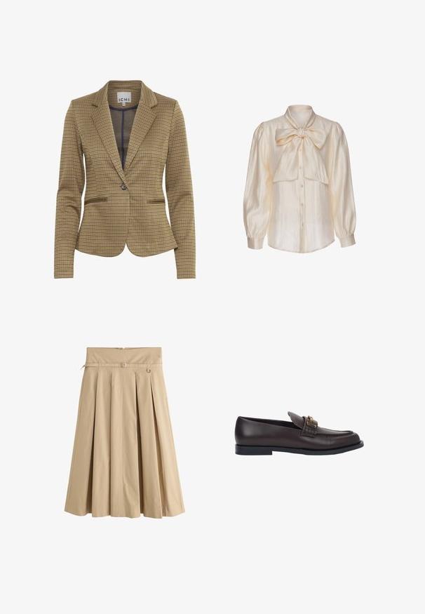 Blazer à carreaux dans des teintes marron et marine, présentant une coupe ajustée, des revers crantés, deux poches avant et une fermeture à un bouton.; Blouse en satin crème avec de longues manches bouffantes, devant à boutons et un grand nœud noué au col.; Jupe plissée beige longueur genou avec une large ceinture et une fine ceinture avec deux boucles en D argentées.; Mocassin en cuir marron foncé avec semelle noire, détail boucle dorée et design moc toe cousu, présenté en profil latéral sur fond blanc.