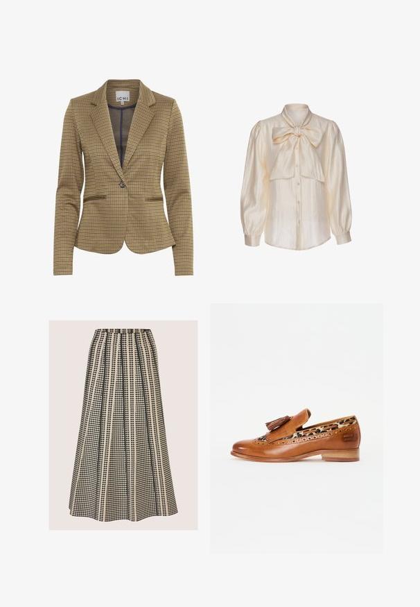 Gekruist blazer in bruin en marineblauw tinten, met een getailleerde pasvorm, notch revers, twee voorzakken en een enkele knoopsluiting.; Crèmekleurige satijnen blouse met lange opgepofte mouwen, knoopsluiting aan de voorkant en een grote gestrikte strik bij de kraag.; A-lijn midirok met hoge taille en zwart-beige verticale gestreepte geometrische print en plooien.; Tan leren instappers met decoratieve kwastjes en brogue-details. Heeft een voering van luipaardprint en een lage houten hak.