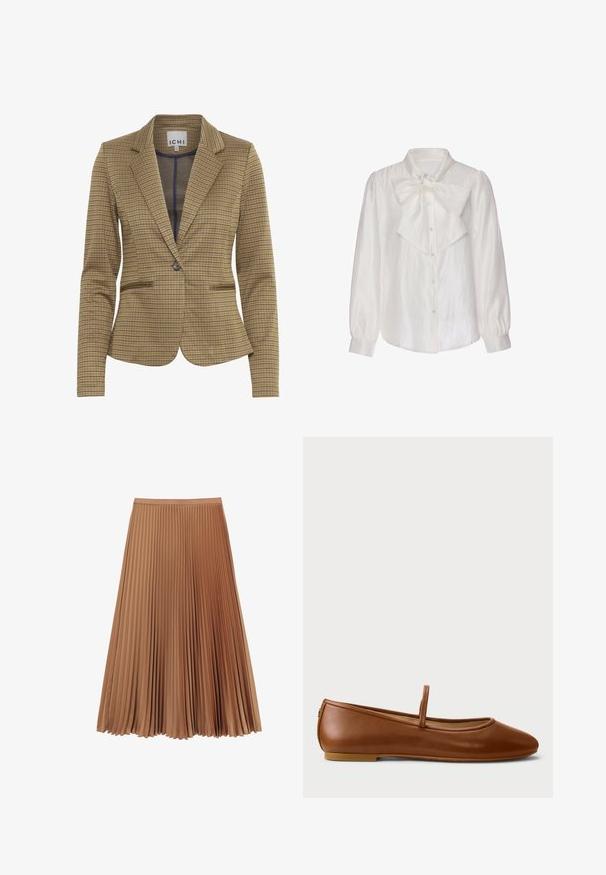 Gekruist blazer in bruin en marineblauw tinten, met een getailleerde pasvorm, notch revers, twee voorzakken en een enkele knoopsluiting.; Witte satijnen blouse met lange mouwen, parelknopen en grote decoratieve strik vastgeknoopt bij de kraag, aansluitende manchetten.; Plissé midi-rok in een lichte bruine tint, gemaakt van zachte stof, met gelijkmatige verticale plooien en een elastische tailleband.; Bruine leren platte Mary Jane schoen met ronde teen en een enkele band over de wreef, geplaatst op een platte rubberen zool.