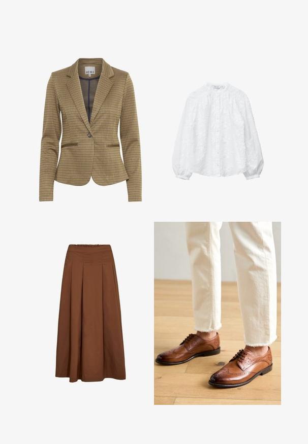 Gekruist blazer in bruin en marineblauw tinten, met een getailleerde pasvorm, notch revers, twee voorzakken en een enkele knoopsluiting.; Witte blouse met bloemenborduursel, knoopsluiting, hoge hals en pofmouwen. Gemaakt van gestructureerde stof met een zachte, lichte textuur.; Bruine A-lijn midirok met plooien aan de voorkant en elastische tailleband, gemaakt van gladde stof.; Bruine leren brogueschoenen met geperforeerde details, ronde neus en een gladde afwerking, gecombineerd met crèmekleurige broek met franje aan de onderkant.