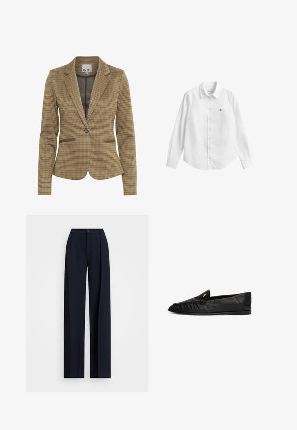 Gekruist blazer in bruin en marineblauw tinten, met een getailleerde pasvorm, notch revers, twee voorzakken en een enkele knoopsluiting.; Wit overhemd met lange mouwen en knoopsluiting, gemaakt van stof met een lichte textuur. Voorzien van een borstzak met een klein geborduurd logo en een klassieke kraag.; Marine brede broek met plooien, een knoopsluiting en een gladde stofstructuur. Ontworpen voor een losse, comfortabele pasvorm.; Zwarte leren instapschoenen met een spitse neus, voorzien van een geplooid ontwerp aan de voorkant en een kleine gouden hardwareaccent. Platte zool.