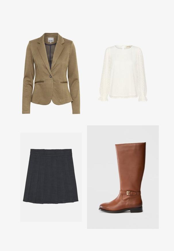 Gekruist blazer in bruin en marineblauw tinten, met een getailleerde pasvorm, notch revers, twee voorzakken en een enkele knoopsluiting.; Witte blouse met lange, puffende mouwen, een ronde halslijn en textuur met diamantpatronen. Bevat een sleufopening aan de achterkant en gerimpelde manchetten.; Donkergrijze plisséstofrok met een elastische tailleband, gekenmerkt door een gestructureerde stof en een klassieke A-lijnsilhouet. Geschikt voor casual gebruik.; Bruine leren laars tot over de knie met een rechte vorm, platte zool en een gespsluiting in goudkleur bij de enkel. Gladde textuur, minimale stiksels.