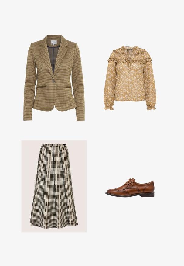 Gekruist blazer in bruin en marineblauw tinten, met een getailleerde pasvorm, notch revers, twee voorzakken en een enkele knoopsluiting.; Bloes in mosterdgeel met ruffles aan de halslijn en mouwen. Lichtgewicht stof met wit bloemenpatroon en ge gathered details.; A-lijn midirok met hoge taille en zwart-beige verticale gestreepte geometrische print en plooien.; Bruine leren brogue oxford schoen met wingtip-details, perforaties, veters en lage gestapelde hak op een witte achtergrond.