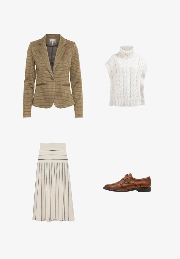 Gekruist blazer in bruin en marineblauw tinten, met een getailleerde pasvorm, notch revers, twee voorzakken en een enkele knoopsluiting.; Kabelgebreide, coltrui in crème met korte mouwen en ribgeborduurde zoom. Heeft een struktuurpatroon en open steken details.; Roomkleurige geplooide midirok met zwarte horizontale strepen op de tailleband en verticale zwarte strepen op het roklichaam.; Bruine leren brogue oxford schoen met wingtip-details, perforaties, veters en lage gestapelde hak op een witte achtergrond.