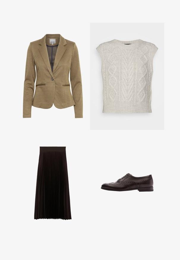 Rutet blazer i brun og marineblå nuancer, med en skræddersyet pasform, klippede lapeller, to forlommer og en enkelt knaplukning.; rag & bone BRODY VEST - Top - light grey; Sort plisseret midi-nederdel med bred elastisk taljebånd, der har fine lodrette folder for tekstur og bevægelse.; Brune læder dress sko med brogue-detaljer, snørebånds lukning, rund tå og en lav stablet hæl. Poleret finish og indviklede perforeringer.