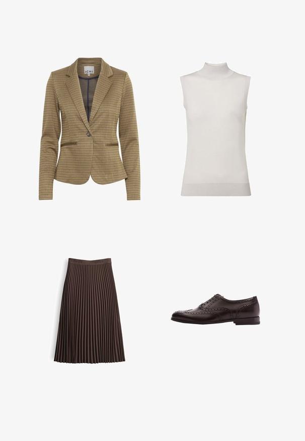 Gekruist blazer in bruin en marineblauw tinten, met een getailleerde pasvorm, notch revers, twee voorzakken en een enkele knoopsluiting.; Mouwloze crèmekleurige gebreide trui met nepcol en geribde zoom, afgebeeld tegen een witte achtergrond.; Plissé midi-rok in donkerbruin, gemaakt van textuurrijk materiaal met een hoge, merkgebonden tailleband. Voorzien van verticale plooien voor een vloeiende silhouet.; Bruine leren schoenen met brogue-details, vetersluiting, ronde neus en een lage gestapelde hak. Gepolijste afwerking en ingewikkelde perforaties.