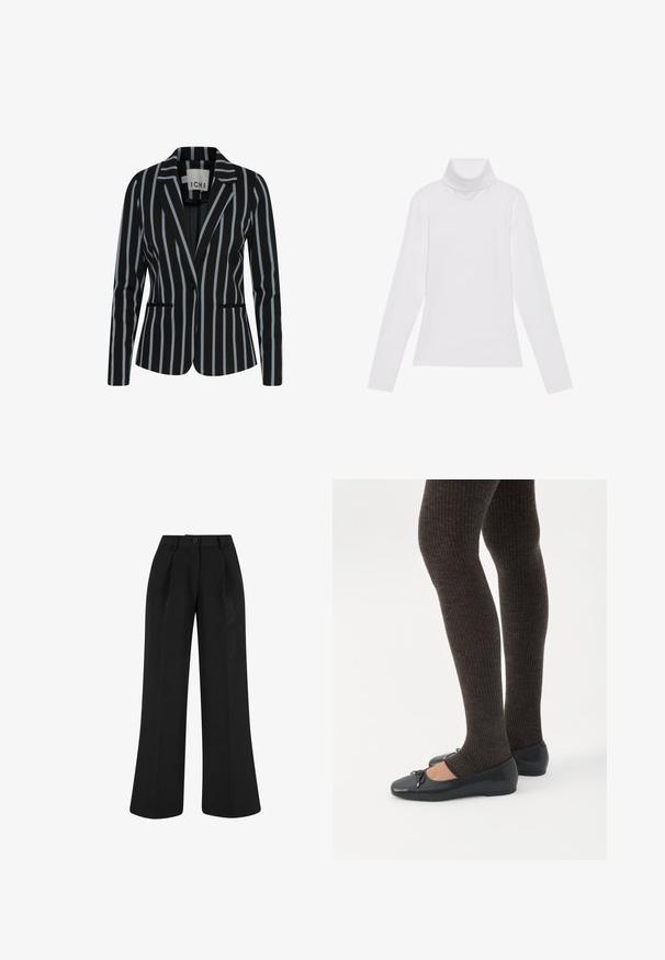 Blazer noir avec des rayures verticales blanches et bleu clair, coupe ajustée, fermeture à un bouton et deux poches avant. Texture de tissu lisse.; Haut à col roulé à manches longues blanc, fabriqué en tissu lisse et extensible. Il présente un col haut et une coupe ajustée, sans motifs ni embellissements visibles.; Pantalon noir taille haute à jambes larges avec plis devant, passants de ceinture et fermeture par bouton à la taille.; Jambes portant des leggings côtelés foncés associés à des ballerines noires avec de petits détails en nœud sur fond blanc.
