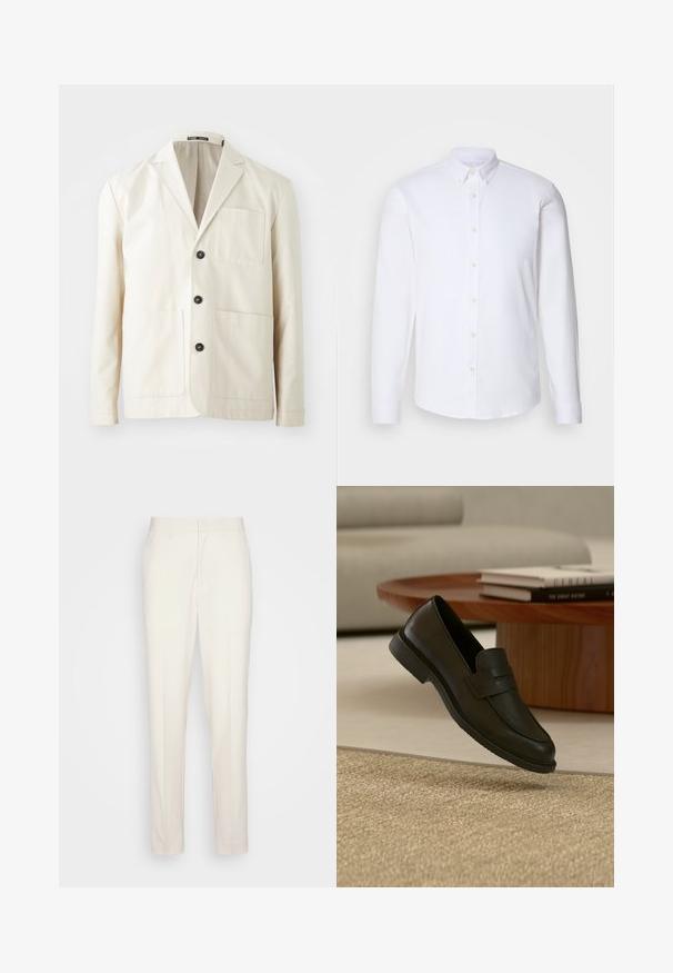 Veste en coton beige avec un col cranté, trois boutons noirs et deux poches avant. Elle dispose d'une poche poitrine et de manches longues.; Chemise blanche à manches longues avec boutons, fabriquée dans un tissu lisse, dotée d'un col classique, de huit boutons sur le devant et de poignets standards.; Pantalons sur mesure de couleur crème avec une coupe droite, fabriqués en tissu texturé. Dotés de passants de ceinture et d'une fermeture à glissière à l'avant.; Chaussure mocassin en cuir noir présentée en suspension au-dessus d'un tapis beige tissé, avec une table en bois et des livres empilés dans un salon doucement éclairé.
