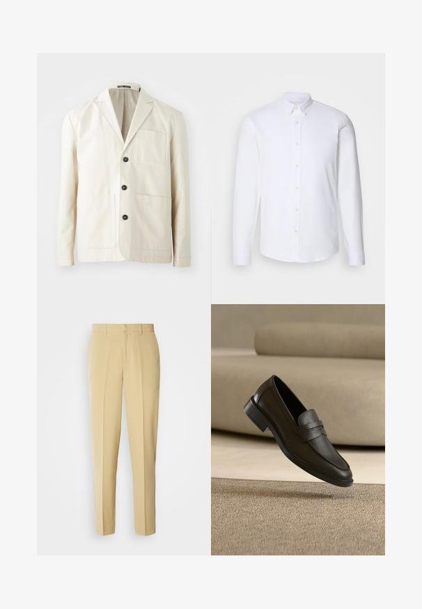 Chaqueta de algodón beige con solapa de pico, tres botones negros y dos bolsillos delanteros. Presenta un bolsillo en el pecho y mangas largas.; Camisa blanca de manga larga y botonadura, hecha de una tela suave, con un cuello clásico, ocho botones en el frente y puños estándar.; Pantalones beige a medida con corte recto, frente plano y bolsillos laterales. Fabricados con una tela suave con un ligero brillo.; Zapato mocasín de cuero negro descansando sobre una alfombra beige con un sofá beige curvado en el fondo.
