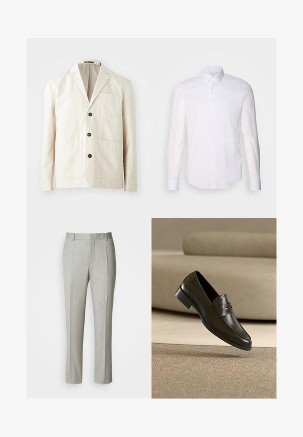 Veste en coton beige avec un col cranté, trois boutons noirs et deux poches avant. Elle dispose d'une poche poitrine et de manches longues.; Chemise blanche à manches longues en coton, dotée d'un col classique, de boutons à l'avant et de détails de couture minimalistes.; Pantalon tailleur gris clair en tissu lisse, présentant une coupe droite, des plis à l'avant, et une ceinture classique avec passants pour ceinture.; Mocassin en cuir noir flottant au-dessus d'un tapis beige avec un canapé beige en arrière-plan, mettant en valeur le design classique pour hommes sans lacets.