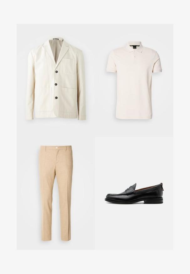 Chaqueta de algodón beige con solapa de pico, tres botones negros y dos bolsillos delanteros. Presenta un bolsillo en el pecho y mangas largas.; Camisa polo de color crema, hecha de tejido suave, con un cuello clásico, dos botones y un sutil detalle de logotipo en el pecho.; Pantalones beige a medida con una tela texturizada, diseño de pierna recta, pliegues frontales y un cierre de botón único en la cintura.; Mocasín de hombre de piel negra con costura moc toe, tira penny, cuello texturizado y tacón bajo apilado sobre fondo blanco.