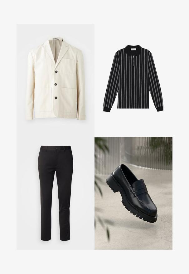 Veste en coton beige avec un col cranté, trois boutons noirs et deux poches avant. Elle dispose d'une poche poitrine et de manches longues.; Polo à manches longues noir à rayures verticales blanches, avec un col zippé et un tissu texturé. Accentué par des poignets côtelés.; Pantalons noirs en tissu lisse, avec une coupe droite, fermeture à bouton à l'avant et passants de ceinture, présentés sur un fond blanc.; Mocassins en cuir noir avec une semelle à crampons épaisse, dotés d'une sangle décorative et de détails de couture. Texture lisse avec une finition polie.
