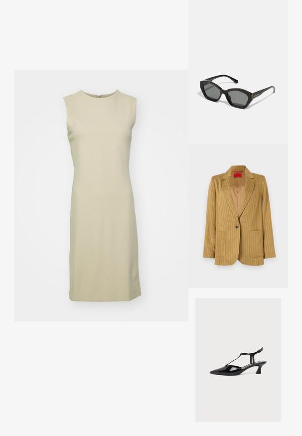 Senfgelber, gestreifter Blazer mit Reverskragen, einreihigem Knopfverschluss, zwei Vordertaschen und glatter Textur. Gefüttertes Innenfutter.; Ärmelloses, knielanges Kleid in hellem Beige, aus glattem, elastischem Stoff mit Rundhalsausschnitt und einem unauffälligen Reißverschluss auf der Rückseite.; Schwarzer Lacklederschuh mit niedrigem Absatz, spitzer Zehenpartie, T-Riemen und Schnallenverschluss vor hellem neutralem Hintergrund.; Schwarze rechteckige Sonnenbrille mit einem markanten, eckigen Rahmen, dunkelgrauen Gläsern und einem dezenten Markenlogo am Bügel.