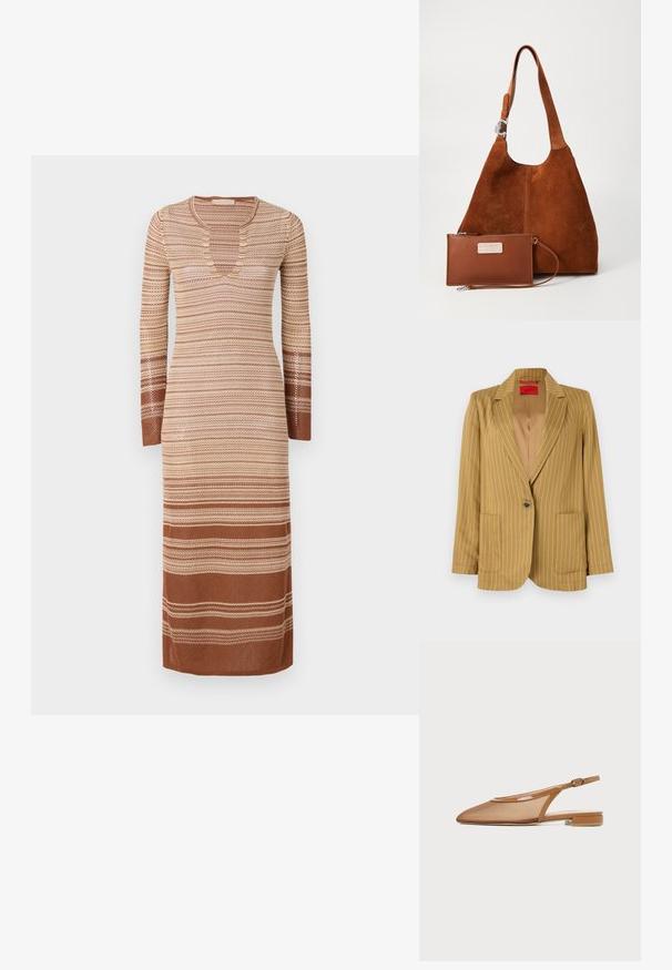 Sennepsgul blazer med striber, med en notched klap, enkelt knaplukning, to frontlommer og glat tekstur. Foret inderside.; Vanessa Bruno ELLY - Strikkjoler - biscuit; Brun flad slingback sko med spids tå, mesh overdel, lakdetaljer og lille blokhæl, vist i sideprofil.; Brun suedetote med en glat læderpung. Har en rund form, strop med en metalaccent og teksturerede overflader.