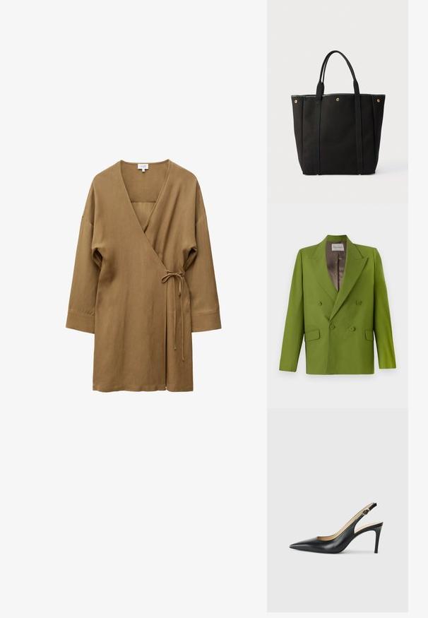 CLOSED FITTED DOUBLE BREASTED - Blazer - pistachio green; Brun knælængde slå-om-kjole med lange ærmer og bindebånd i siden, med V-udskæring og afslappet pasform.; Sorte læder slingback højhælede sko med spids tå, justerbar rem og en slank stiletto hæl, der har en glat finish.; Sort håndtaske med to skulderstropper, guldknapper øverst på kanterne og minimalistisk design på neutral baggrund.