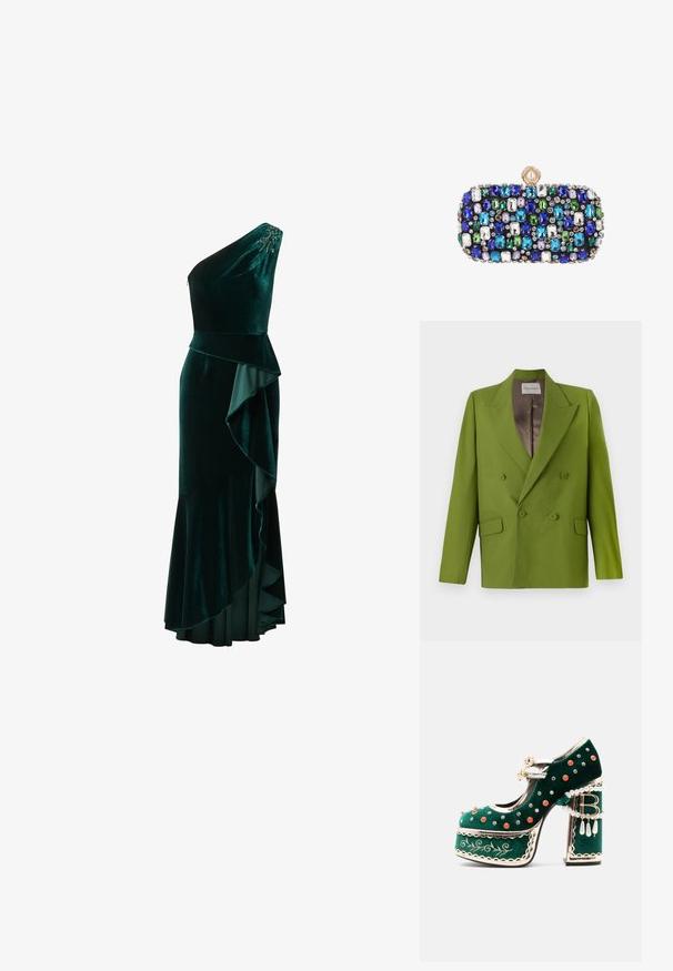 CLOSED FITTED DOUBLE BREASTED - Blazer - pistachio green; Mørkegrøn fløjl aftenkjole med ét skulderstykke, asymmetrisk flæse, der falder ned ad siden, og perlebesætning på skulderen.; Grøn fløjlsplatformsko med dekorative røde og sølvnitter, perleseler, guldkant, broderi og en blokhæl med dinglende perler og en "B"-vedhæng.; Lille rektangulær clutchtaske dekoreret med flerfarvede blå, grønne, hvide og lilla ædelstene og en rund perle-lukning.