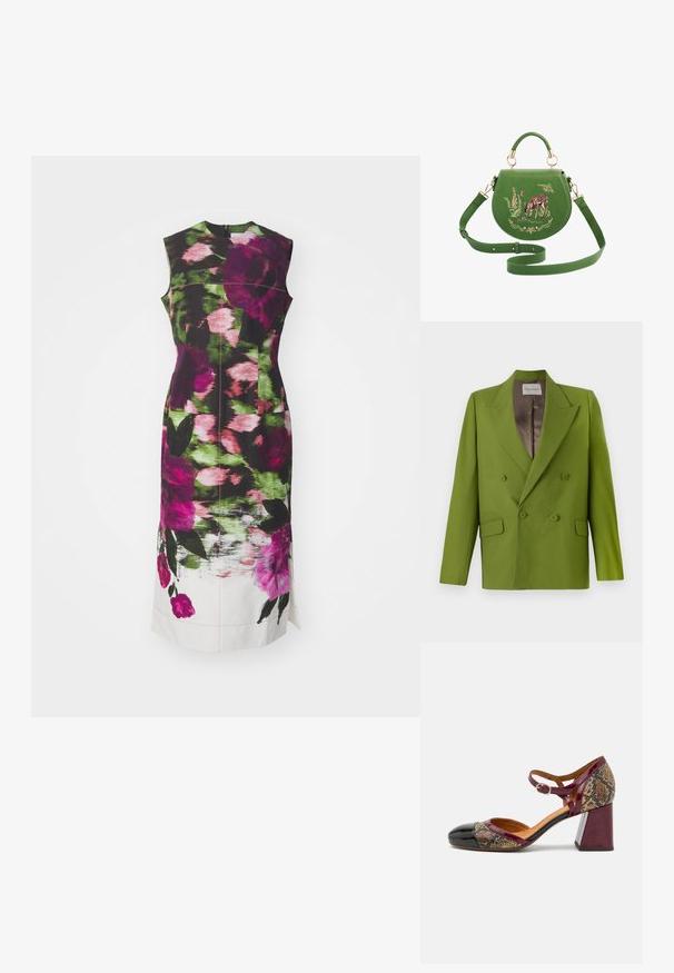 CLOSED FITTED DOUBLE BREASTED - Blazer - pistachio green; Bloemige jurk met een getailleerd silhouet, een verloop van paarse en groene bloemen op een zwarte achtergrond, mouwloos ontwerp en een ritssluiting aan de achterkant.; Hakken schoenen met een zwarte lakleren neus, bordeauxrode band en een slangenpatroon textiel bovenkant; voorzien van een chunky blokhak.; Groene leren handtas met een bovenhandgreep en lange band, geborduurd met een hertje, bloemen, een vlinder en een slak.