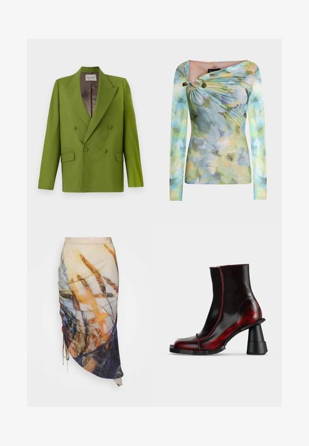 CLOSED FITTED DOUBLE BREASTED - Blazer - pistachio green; Strak aansluitend shirt met lange mouwen, pastelbloemenpatroon, asymmetrische halslijn met twee groene kralen op de linkerschouder.; Materiel DIAGONAL GATHERED SKIRT - Kokerrok - golden hour; Zwarte en donkerrode glanzende enkellaars met geometrische dikke hak en vierkante neus, getoond op een effen lichte achtergrond.