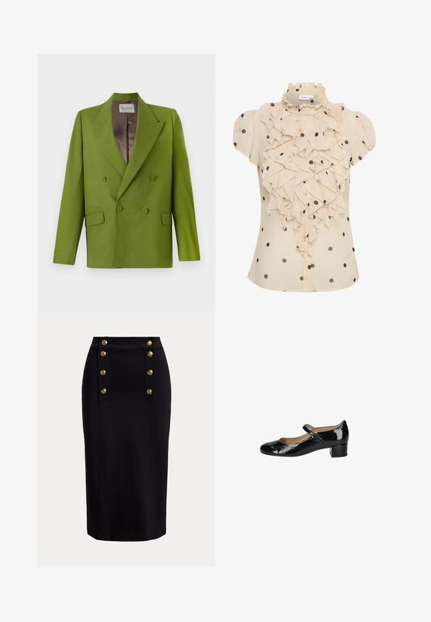 CLOSED FITTED DOUBLE BREASTED - Blazer - pistachio green; Cremefarvet bluse med sorte prikker, der har en flæse foran, korte puffærmer og en høj flæset krave. Knappedesign.; Sort knælang pencilskirt med front lodret panel og to rækker af seks gyldne dekorative knapper.; Sorte patentlæder Mary Jane sko med spids tå, justerbar spænde og lav blokhæl. Glat tekstur med en skinnende finish.