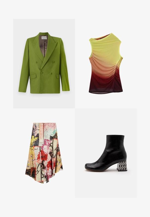 CLOSED FITTED DOUBLE BREASTED - Blazer - pistachio green; Ærmeløs top med asymmetrisk halsudskæring, rynkede sider og graduerede farver, der falmer fra gul til bordeaux.; Asymmetrisk nederdel med farverige blomster- og abstrakte mønstre i rød, pink, gul, sort og grøn på en lys baggrund.; Sort laklæder ankelstøvle med firkantet tå og mønstret chunky hæl i sort-hvidt geometrisk design.