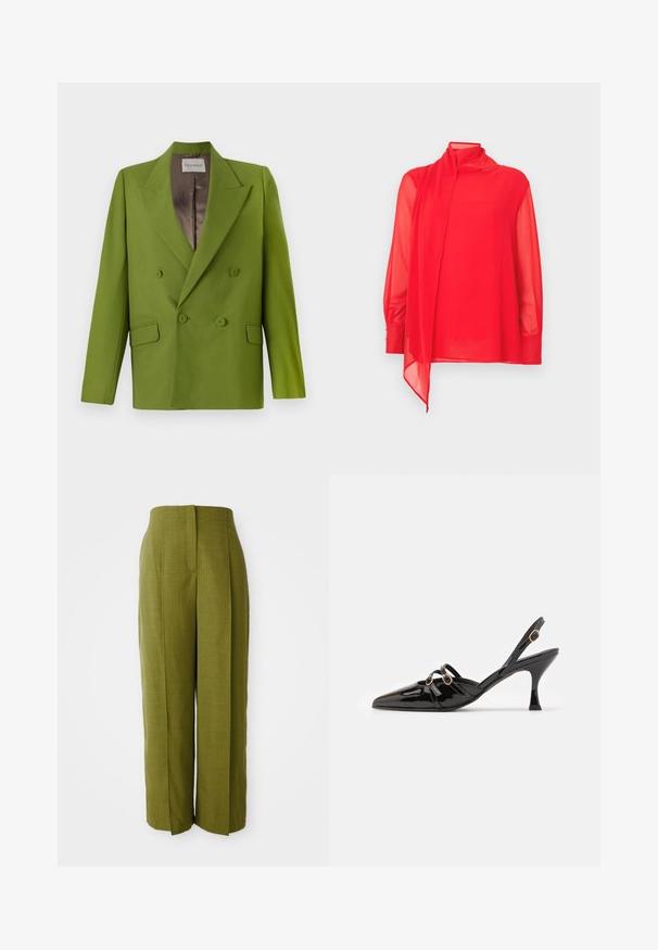 CLOSED FITTED DOUBLE BREASTED - Blazer - pistachio green; Rød, transparent bluse med høj hals og lange ærmer. Har en flydende stofdetalje og manchetter med knapper. Skræddersyet pasform.; Theory Bukser - avocado; ALOHAS JOELLE ONIX - Pumps - black
