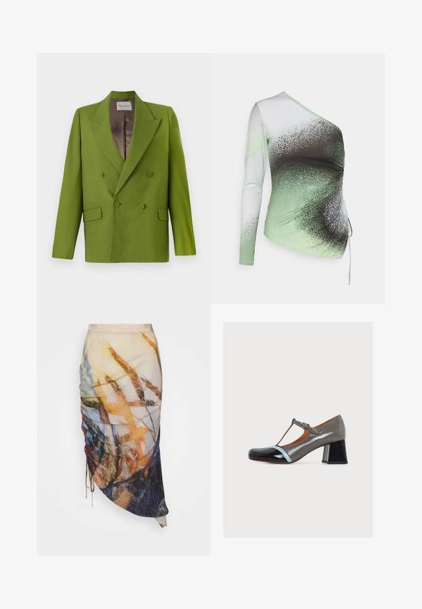 CLOSED FITTED DOUBLE BREASTED - Blazer - pistachio green; Elleme ONE SHOULDER - Langærmet T-shirt - light green/white; Materiel DIAGONAL GATHERED SKIRT - Pencil skirt - golden hour; Kvinders T-rem lav blok hæl sko i blank grå med sort tå og lyseblå kant på hvid baggrund.