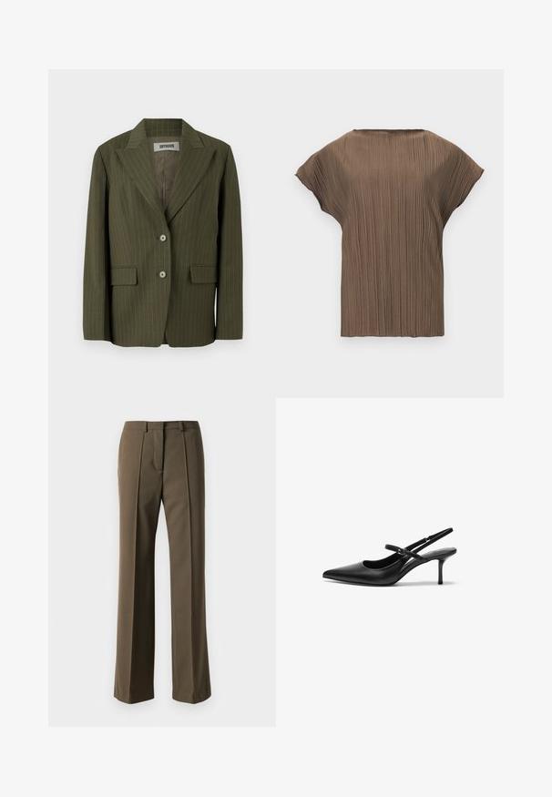Blazer vert olive avec des rayures verticales, revers crantés, fermeture à deux boutons et poches plaquées. Tissu doux avec une silhouette structurée.; Haut marron à manches courtes avec des plis verticaux et un col rond, présenté sur un fond blanc uni.; Pantalons marron ajustés avec une coupe droite, devant plissé et taille classique. Fabriqués en tissu lisse avec une finition raffinée.; Talons aiguilles noires en cuir avec un bout pointu, une fine bride réglable, et un talon aiguille d'environ 5 cm, texture lisse.