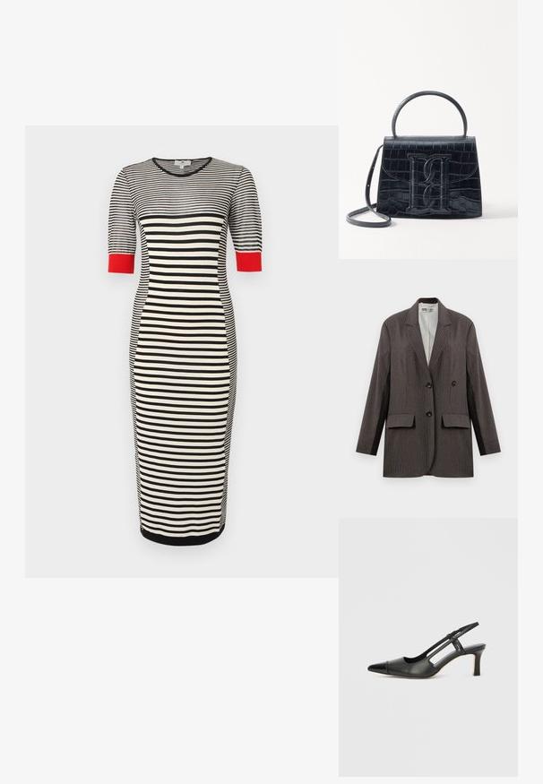 Blazer de rayas en gris oscuro, con un diseño de doble botonadura, dos bolsillos frontales y solapas con muesca, con botones negros.; Vestido midi de rayas horizontales en blanco y negro con mangas cortas y puños rojos, silueta ajustada y escote redondo.; Zapato slingback de cuero negro con punta afilada, con un acento brillante en la puntera y un tacón de altura media. Diseño con lateral abierto.; Bolso de mano de cuero negro con estampado de cocodrilo, diseño estructurado, asa superior, correa ajustable y un destacado detalle del logotipo en la parte frontal.