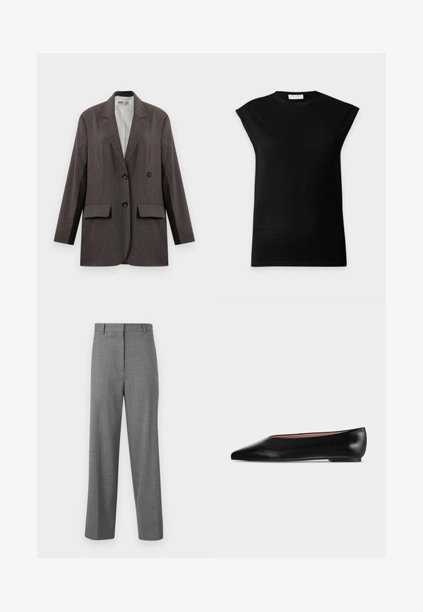 Blazer de rayas en gris oscuro, con un diseño de doble botonadura, dos bolsillos frontales y solapas con muesca, con botones negros.; Top negro de punto sin mangas con hombros acolchados y cuello redondo, exhibido sobre un fondo liso de color gris claro.; Pantalones de vestir a medida para hombre en gris, con pierna recta, pretina con trabillas para cinturón y cierre frontal oculto.; Zapato plano negro de cuero para mujer con punta puntiaguda y tacón bajo, mostrado de lado sobre un fondo liso gris claro.