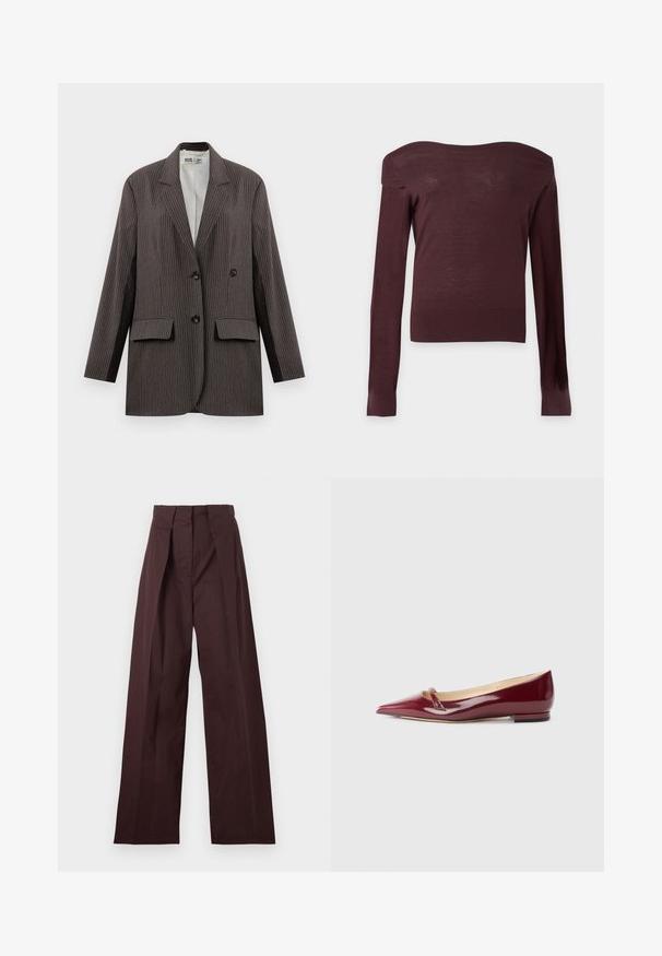 Blazer de rayas en gris oscuro, con un diseño de doble botonadura, dos bolsillos frontales y solapas con muesca, con botones negros.; Suéter ajustado de manga larga color marrón oscuro sin hombros, con puños y bajo acanalados, sobre un fondo claro y liso.; Pantalones a la cintura de color marrón oscuro, de corte personalizado, con piernas anchas y pliegues frontales, mostrados extendidos sobre un fondo claro.; Bailarinas de charol burdeos con punta afilada, que presentan un pequeño detalle de corte y un tacón bajo. Textura suave y diseño elegante.