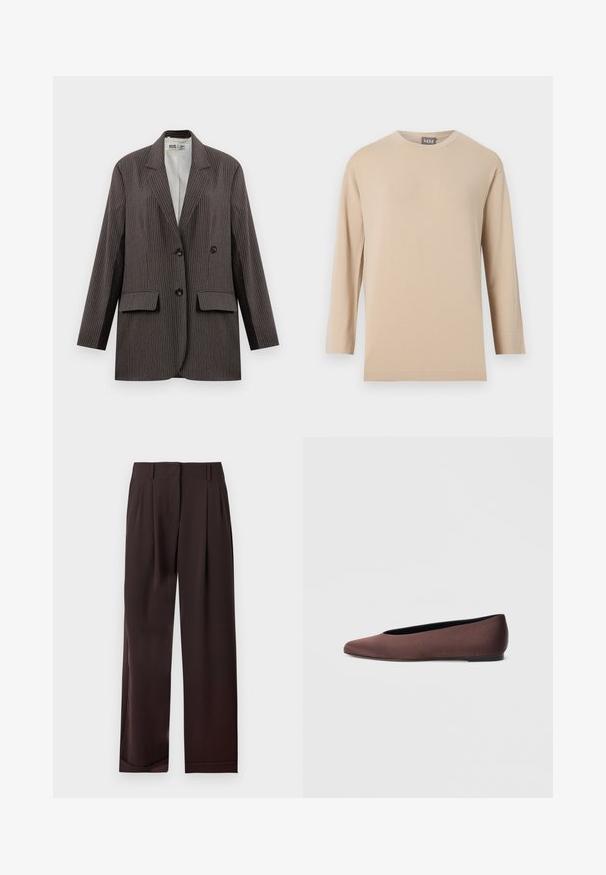 Mørkegrå streeped blazer med dobbeltknapning, to forlommer og notched lapeller, med sorte knapper.; Beige langærmet rundhalset skjorte med en lige kant, vist mod en ensfarvet hvid baggrund.; Mørkebrune bukser med lige ben, bæltestropper og forreste plisseringer, lagt fladt på en hvid baggrund.; Brune balletflade sko i stof med spids tå og glat tekstur, med lav hælkappe og tynd sort sål. Ingen synlige mønstre eller beslag.