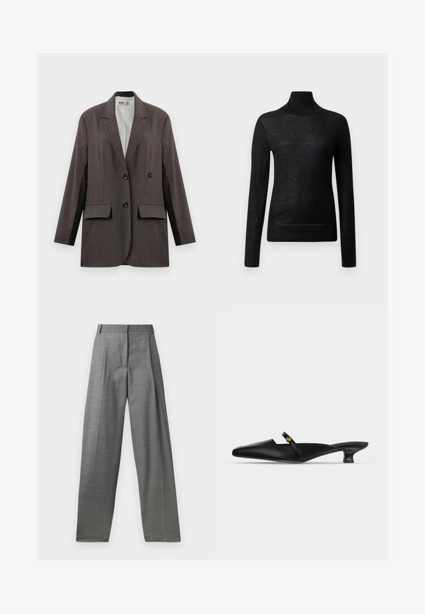Blazer de rayas en gris oscuro, con un diseño de doble botonadura, dos bolsillos frontales y solapas con muesca, con botones negros.; Top negro de manga larga y cuello alto, fabricado en tejido ligero, con un diseño ajustado y detalles de costura mínimos, ideal para superponer.; Pantalones grises ajustados con cintura alta, frente con pliegues y diseño de pierna ancha. Confeccionados en una tela texturizada, presentan trabillas para cinturón y costuras suaves.; Mule negro con punta afilada, tacón kitten bajo y una fina correa sobre el empeine con un pequeño detalle de botón dorado.