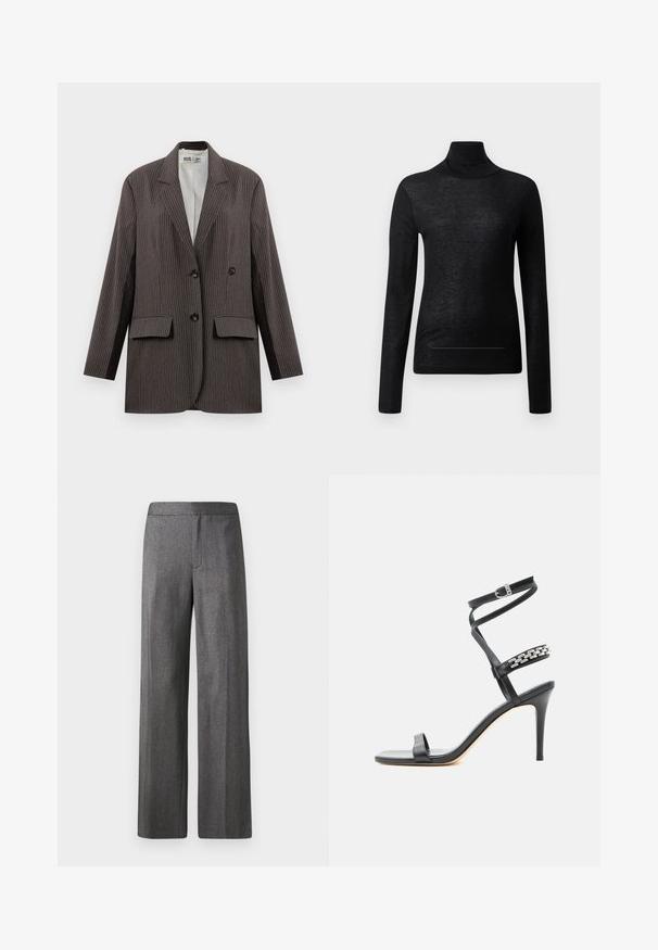 Blazer à rayures en gris foncé, avec un design à double boutonnage, deux poches avant et des revers crantés, orné de boutons noirs.; Haut noir à manches longues et col roulé en tissu léger, avec une coupe ajustée et des détails de couture minimaux, idéal pour le superposition.; Pantalons à jambes larges en tissu texturé gris foncé, avec une coupe droite et une taille lisse. Pas de poches ni de fermetures visibles.; Sandale noire à talon haut avec fine bride à la cheville, bride médiane décorée de maillons de chaîne argentés, et design à bout ouvert.