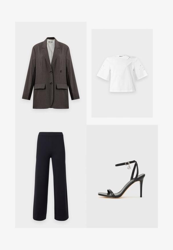 Blazer de rayas en gris oscuro, con un diseño de doble botonadura, dos bolsillos frontales y solapas con muesca, con botones negros.; Blusa blanca de manga corta con mangas anchas y pequeños patrones decorativos recortados en forma de hoja en hombros y mangas.; Pantalones negros de pierna ancha con cintura alta y dobladillos puños, mostrados sobre un fondo claro y sencillo.; Sandalia de tacón alto negra con una estrecha correa en el tobillo, punta cuadrada, material de cuero liso y detalle de hebilla metálica.