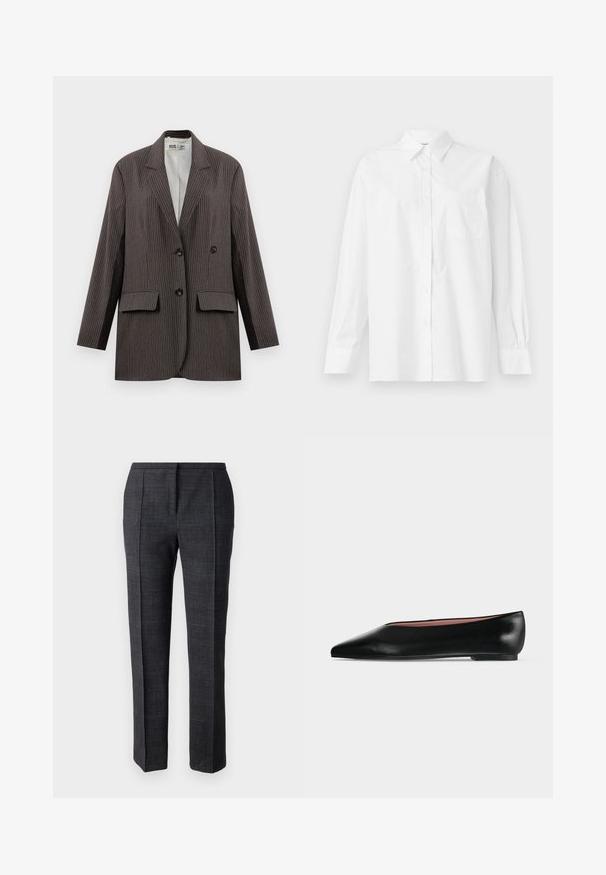 Blazer de rayas en gris oscuro, con un diseño de doble botonadura, dos bolsillos frontales y solapas con muesca, con botones negros.; Camisa blanca de manga larga hecha de algodón, con un cuello clásico, cierre de botones y un bolsillo en el pecho del lado izquierdo.; Pantalones tailoring de color gris oscuro, confeccionados en tejido texturizado, con pliegues laterales, pernera recta y una cinturilla limpia sin herrajes visibles.; Zapato plano negro de cuero para mujer con punta puntiaguda y tacón bajo, mostrado de lado sobre un fondo liso gris claro.
