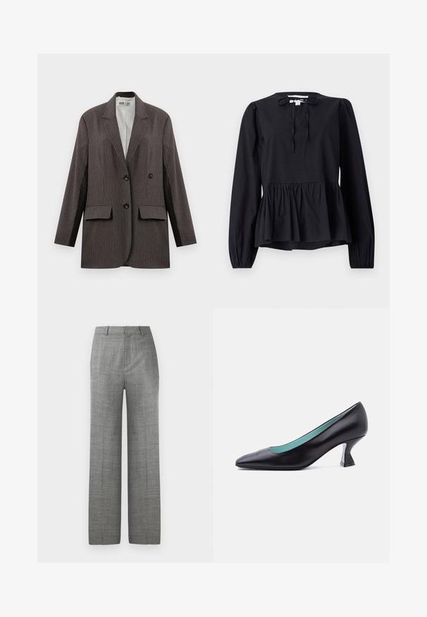 Mørkegrå streeped blazer med dobbeltknapning, to forlommer og notched lapeller, med sorte knapper.; Sort langærmet bluse med rund halsudskæring og bindedetalje, med en udvidet peplumkant og let puffede ærmer. Glat stoftekstur.; Grå skræddersyede bredbenede bukser med bæltestropper og frontfold på hvid baggrund, velegnede til formelt eller kontorbrug.; Sort læder pumps med spids tå, lav unikt formet blokhæl og lyseblåt indre for, vist mod en ensfarvet hvid baggrund.