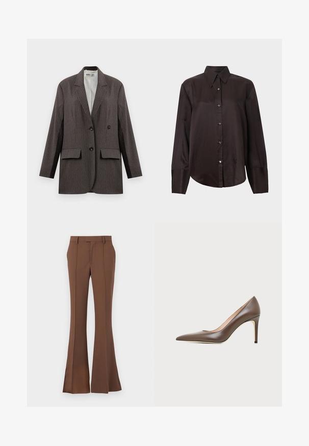Mørkegrå streeped blazer med dobbeltknapning, to forlommer og notched lapeller, med sorte knapper.; Mørkebrun langærmet skjorte lavet af glat stof, med spids krave, knaplukning foran og rundet kant. Sølvknapper pynter fronten.; Brune klokkeformedebukser lavet af glat stof, med flad front, bæltestropper og en skræddersyet pasform med subtile folder.; Brun læder peptået højhælet sko med en slank stilethæl og glat finish på en lys baggrund.
