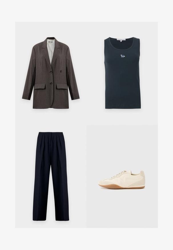 Blazer de rayas en gris oscuro, con un diseño de doble botonadura, dos bolsillos frontales y solapas con muesca, con botones negros.; Top sin mangas de canalé gris oscuro con un pequeño logo bordado de un zorro centrado en la parte superior del pecho.; Pantalones rayados en azul marino con un corte relajado, que cuentan con pliegues frontales, una silueta de pierna ancha y una textura suave.; Zapatillas deportivas color beige claro con parte superior de cuero texturizado, paneles laterales texturizados y suela de goma. Presentan un diseño elegante y estilizado con cordones planos.