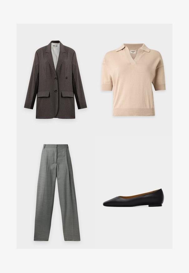 Mørkegrå streeped blazer med dobbeltknapning, to forlommer og notched lapeller, med sorte knapper.; Beige kortærmet striktrøje med ribkant forneden og på ærmerne, åben halskrave og V-udskæring.; Grå skræddersyede bukser med høj talje, plisseret front og bred ben design. Fremstillet af et tekstureret stof, med bæltesløjfer og glatte sømme.; Sort læder flad sko med spids tå, lav hæl og glat finish, vist fra siden på en lysegrå baggrund.