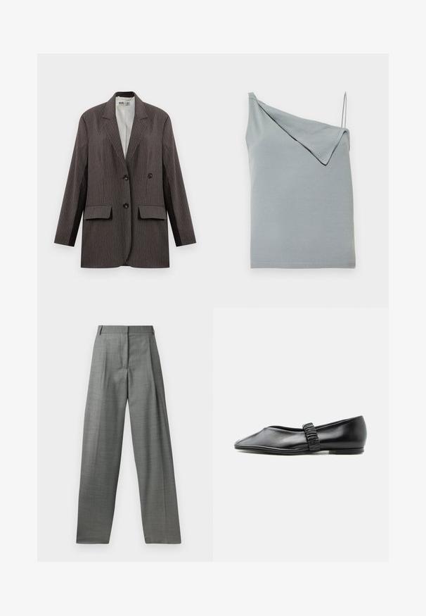 Mørkegrå streeped blazer med dobbeltknapning, to forlommer og notched lapeller, med sorte knapper.; Lyseblå asymmetrisk ærmeløs top med en bred skulderstrop og en tynd spaghetti-strop, detaljer med foldet stof på den brede strop.; Grå skræddersyede bukser med høj talje, plisseret front og bred ben design. Fremstillet af et tekstureret stof, med bæltesløjfer og glatte sømme.; Sort læder flad sko med en rynket rem over toppen og en let spids tå, vist mod en ensfarvet baggrund.