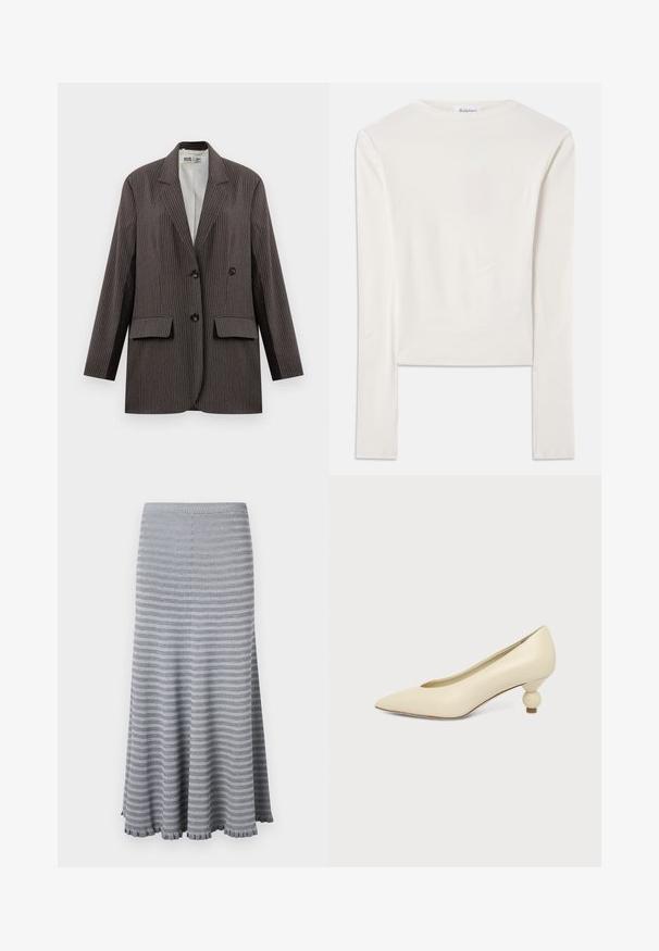 Blazer de rayas en gris oscuro, con un diseño de doble botonadura, dos bolsillos frontales y solapas con muesca, con botones negros.; Camiseta blanca de manga larga hecha de algodón, con un sencillo cuello redondo y un ajuste ceñido. La tela es suave con un ligero estiramiento.; Falda maxi de punto en gris con rayas horizontales. Presenta una cinturilla fruncida y un dobladillo con volantes. Textura suave con un diseño fluido.; Zapato de mujer color crema con punta afilada y tacón bajo, con tacón redondo en forma de bola, sobre un fondo liso.