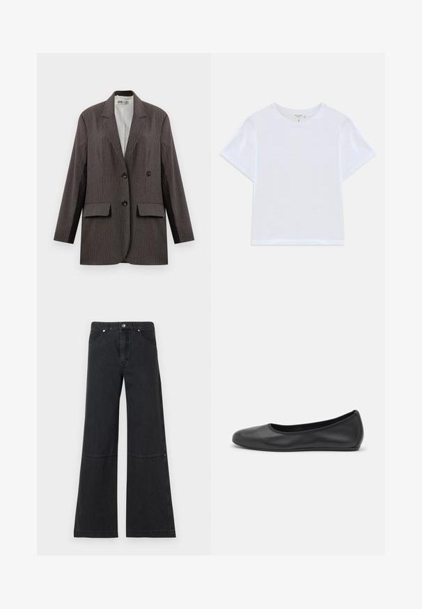 Mørkegrå streeped blazer med dobbeltknapning, to forlommer og notched lapeller, med sorte knapper.; Hvid cropped t-shirt lavet af blødt bomuld, med rund hals og korte ærmer og en let løs pasform. Ingen mønstre eller accenter.; Sorte brede ben jeans lavet af denim, med høj talje, forlommer og en subtil sømdetalje ved knæet. Metal knaplukning.; Sort læderballetsko med rund tå, glat tekstur, minimal syning og et fleksibelt såldesign.