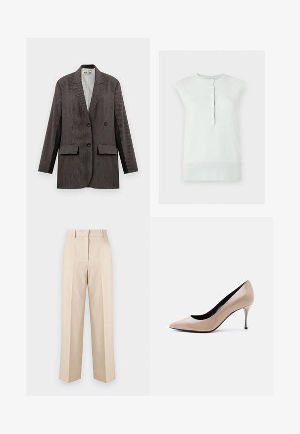 Blazer de rayas en gris oscuro, con un diseño de doble botonadura, dos bolsillos frontales y solapas con muesca, con botones negros.; Top de punto blanco sin mangas con cuello y bajo acanalados, con una tapeta frontal con cinco botones.; Pantalones beige de talle alto, entallados, con trabillas para cinturón y piernas rectas, presentados sobre un fondo blanco liso.; Zapato de tacón alto con punta puntiaguda de charol beige, tacón de aguja delgado y forro interior negro sobre fondo blanco.
