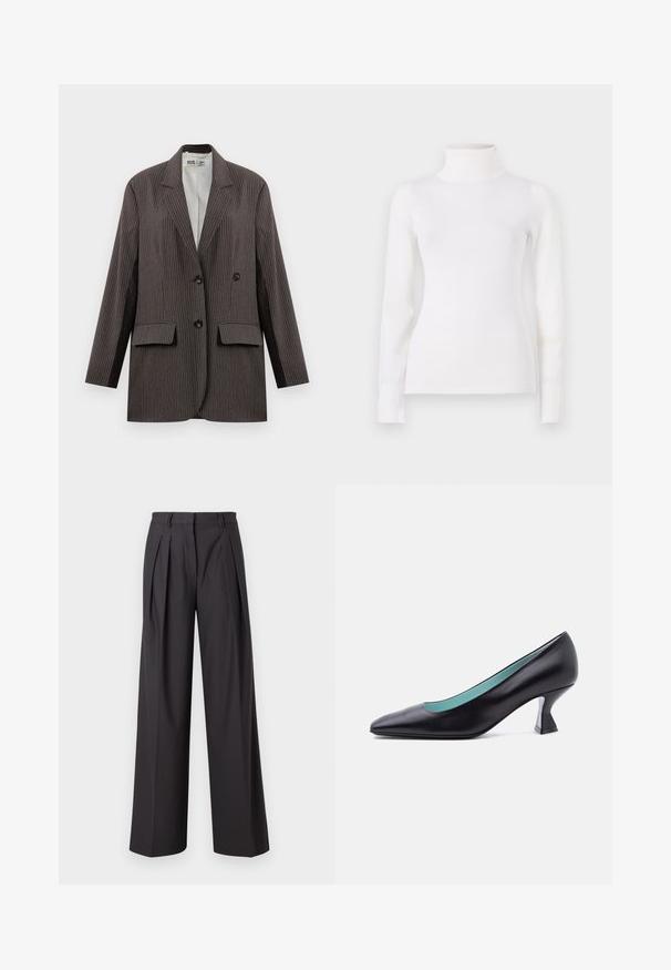 Blazer de rayas en gris oscuro, con un diseño de doble botonadura, dos bolsillos frontales y solapas con muesca, con botones negros.; Suéter blanco de cuello vuelto, diseño ajustado, mangas largas, textura suave, tela lisa, detalles mínimos, puños y cuello acanalados.; Pantalones de pierna ancha en tejido gris oscuro, con pliegues frontales, una textura suave, una cintura de tiro medio y presillas para cinturón.; Zapato de tacón bajo de cuero negro con punta puntiaguda, tacón grueso de forma única y forro interior azul claro, mostrado sobre un fondo blanco liso.