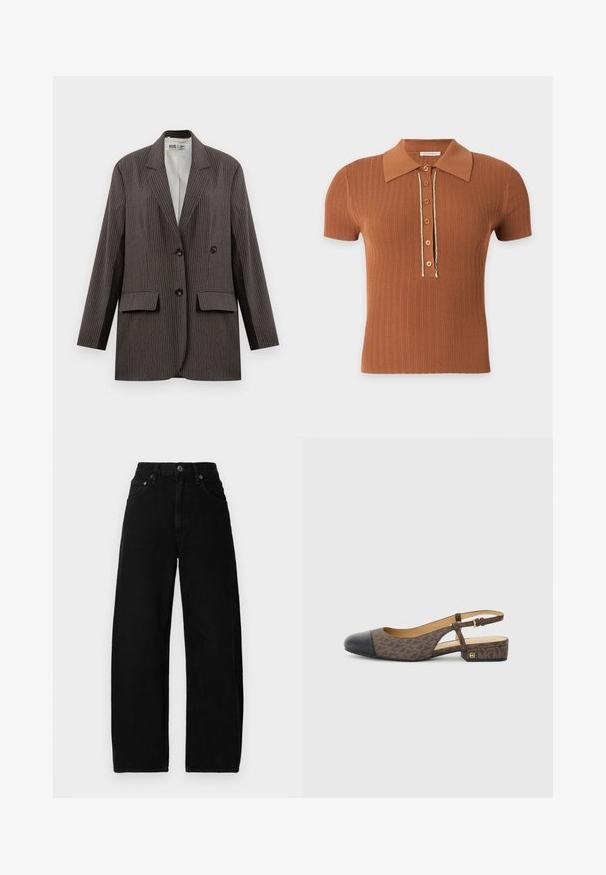 Blazer de rayas en gris oscuro, con un diseño de doble botonadura, dos bolsillos frontales y solapas con muesca, con botones negros.; Polo marrón de punto acanalado de manga corta con cuello y seis botones frontales delineados con un fino ribete blanco.; Pantalones vaqueros de mezclilla negra de pierna ancha con cintura alta, que cuentan con un cierre de botón frontal, bolsillos y una textura suave y mate.; Zapato slingback con una parte superior de tela con un patrón marrón y una puntera de cuero negro. Presenta un pequeño tacón bloque y una correa con hebilla.