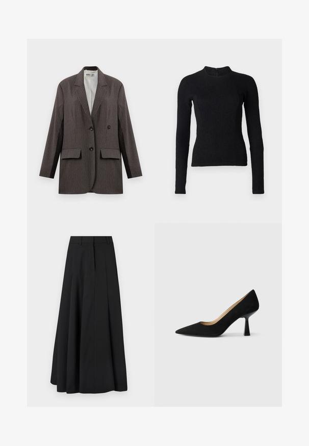 Mørkegrå streeped blazer med dobbeltknapning, to forlommer og notched lapeller, med sorte knapper.; Sort langærmet top med en tætsiddende pasform, tekstureret stof og høj halsudskæring. Har en skjult lynlås på ryggen til lukning.; Lang sort A-formet nederdel med bæltestropper og skjult frontlukning, vist mod en hvid baggrund.; Sorte ruskinds højhælede pumps med spids tå, der har en blank sort blokhæl og en glat indvendig foring.